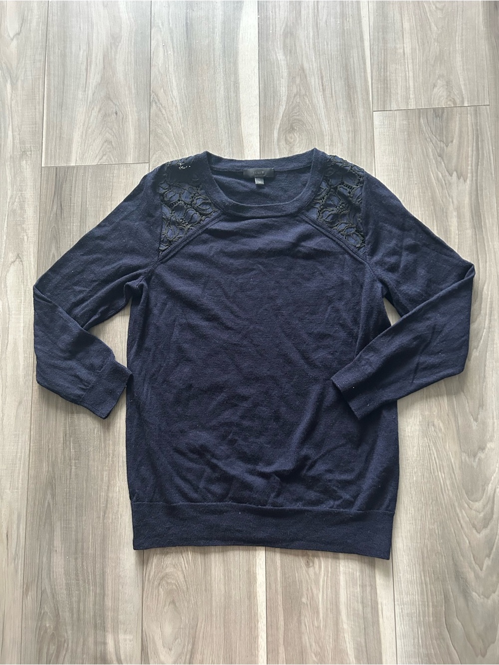 J. Crew Merino Wool Navy Lace　Shoulder Crewneck Sweater size M